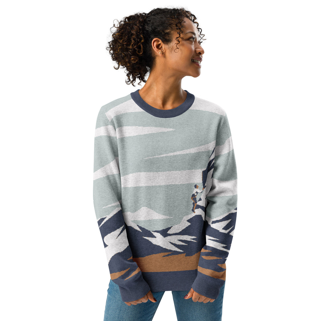 Custom Knit St. Pier Giorgio Frassati Mountain-scape Crewneck Sweater. Verso l'Alto