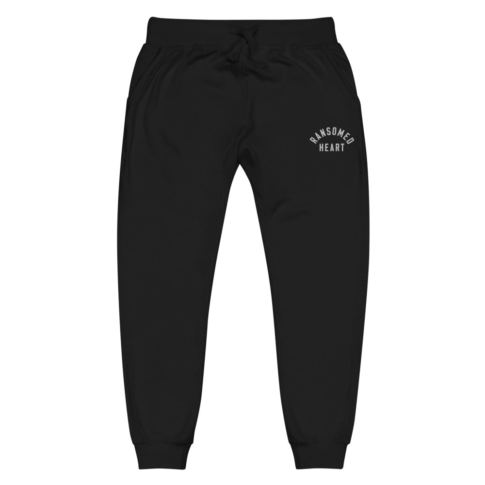 "Ransomed Heart" Christian Catholic Embroidered Fleece Sweatpants in Black | PAL Campaign