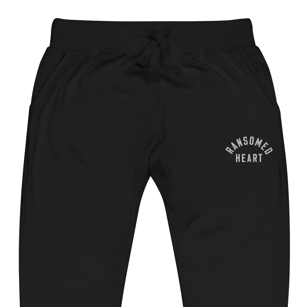 "Ransomed Heart" Christian Catholic Embroidered Fleece Sweatpants in Black | PAL Campaign