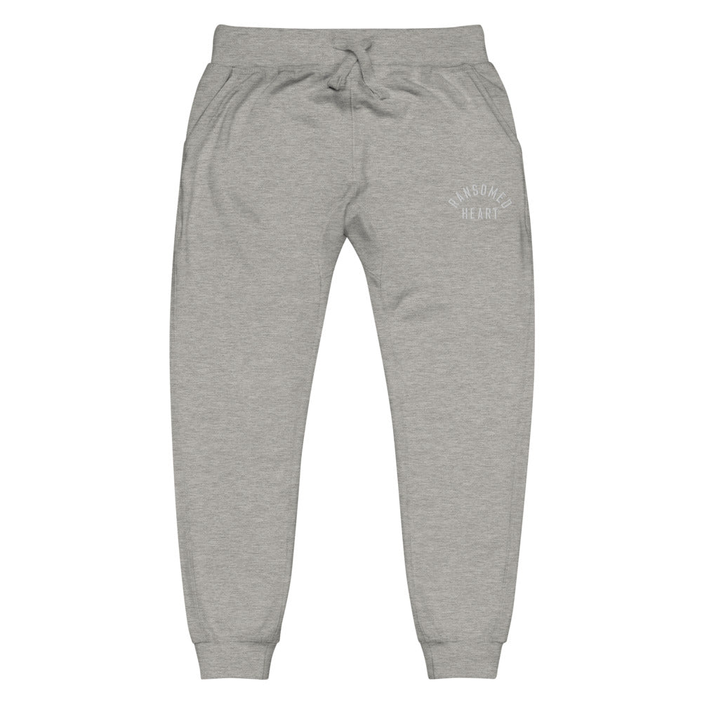 "Ransomed Heart" Christian Catholic Embroidered Fleece Sweatpants in Carbon Grey | PAL Campaign